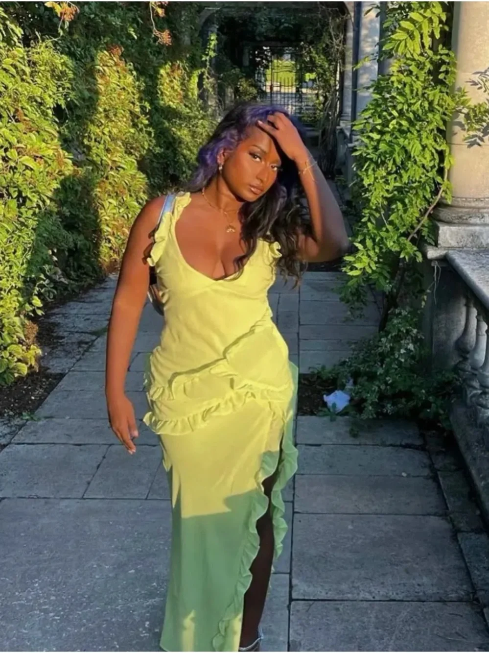 House of CB | Dresses | House Of Cb Ruffle Trim Plunge Maxi Dress M Lime  Green | Poshmark